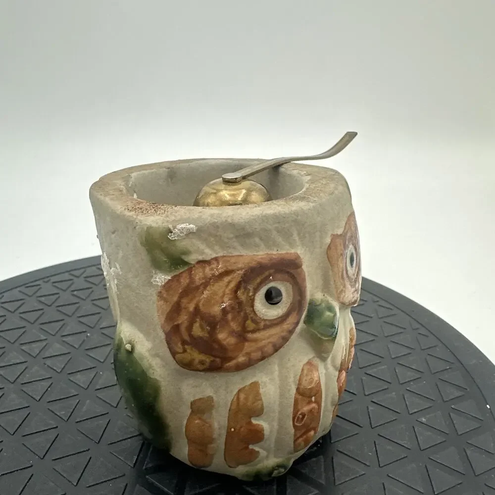 Vintage 70s Stoneware Owl Votive Candle Holder With Brass Candle Snuffer